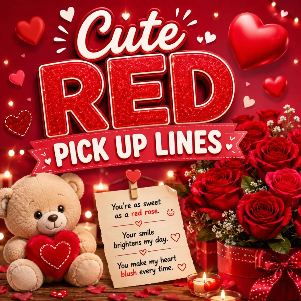 Cute red pick up lines image with teddy bear, roses, hearts, and romantic Valentine theme