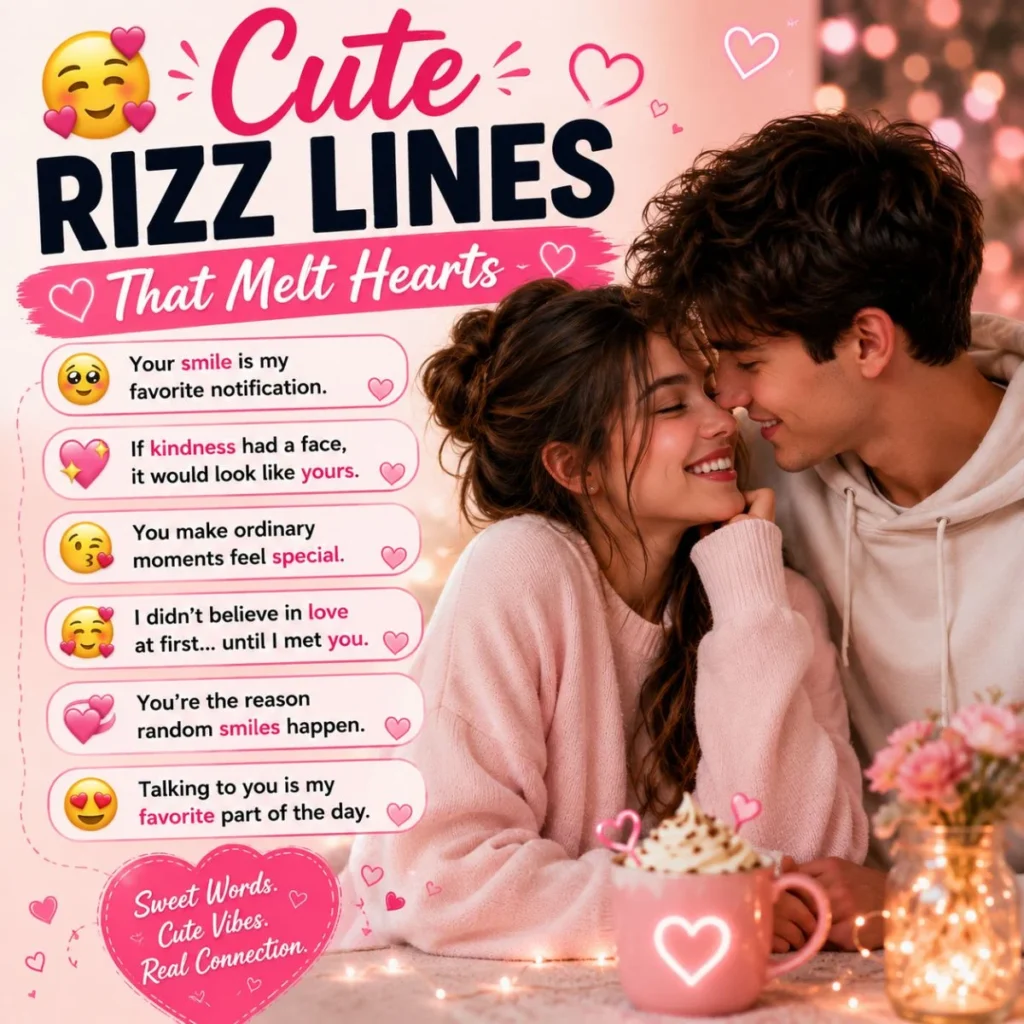 Cute rizz lines that melt hearts with smiling couple, pink hearts, and sweet pickup line bubbles