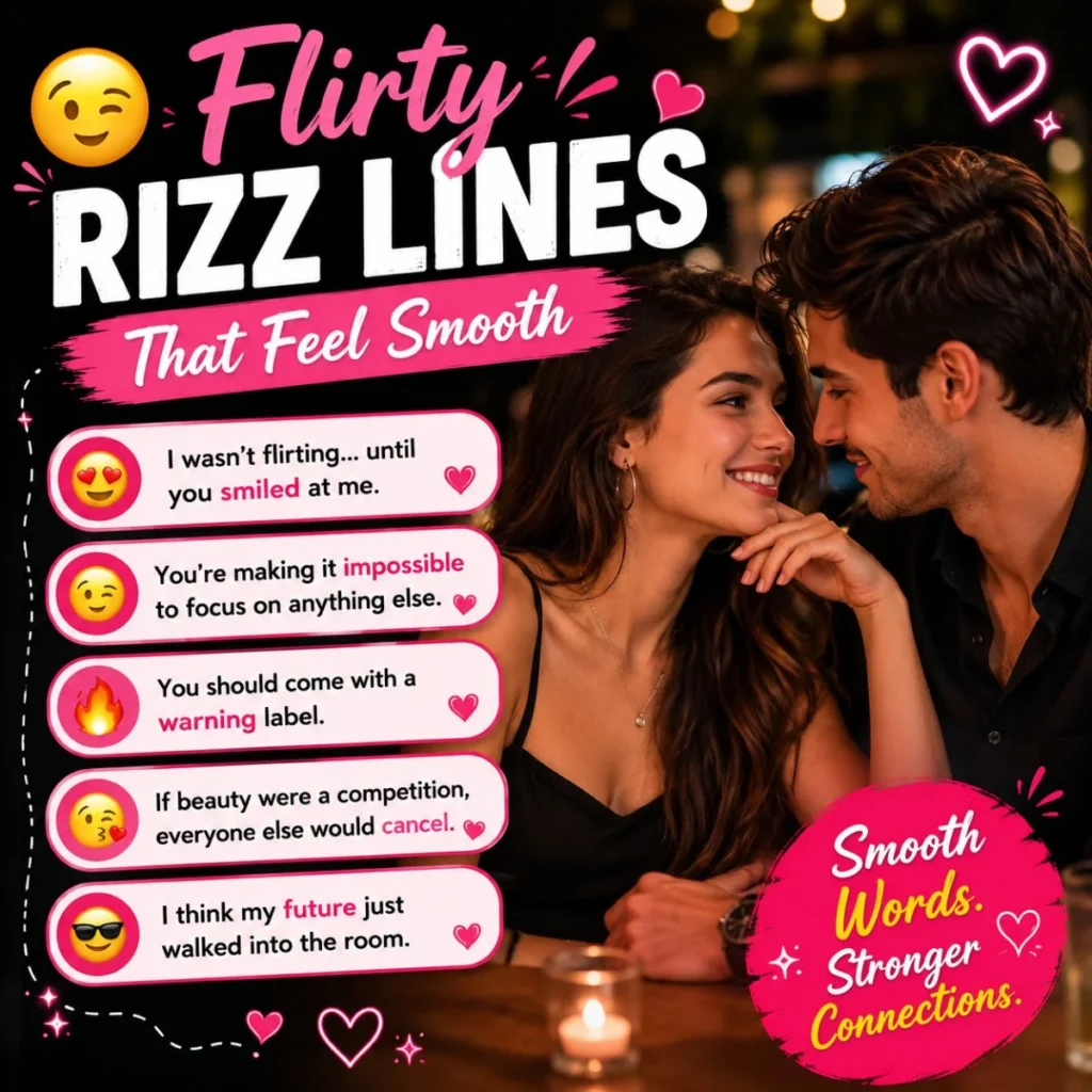 Flirty rizz lines with smiling couple, heart emojis, and smooth pickup line bubbles
