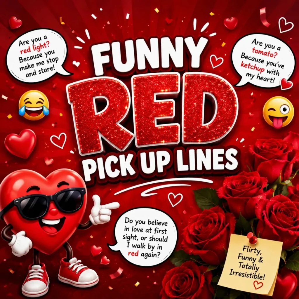 Funny red pick up lines image with cartoon heart, roses, emojis, and playful speech bubbles