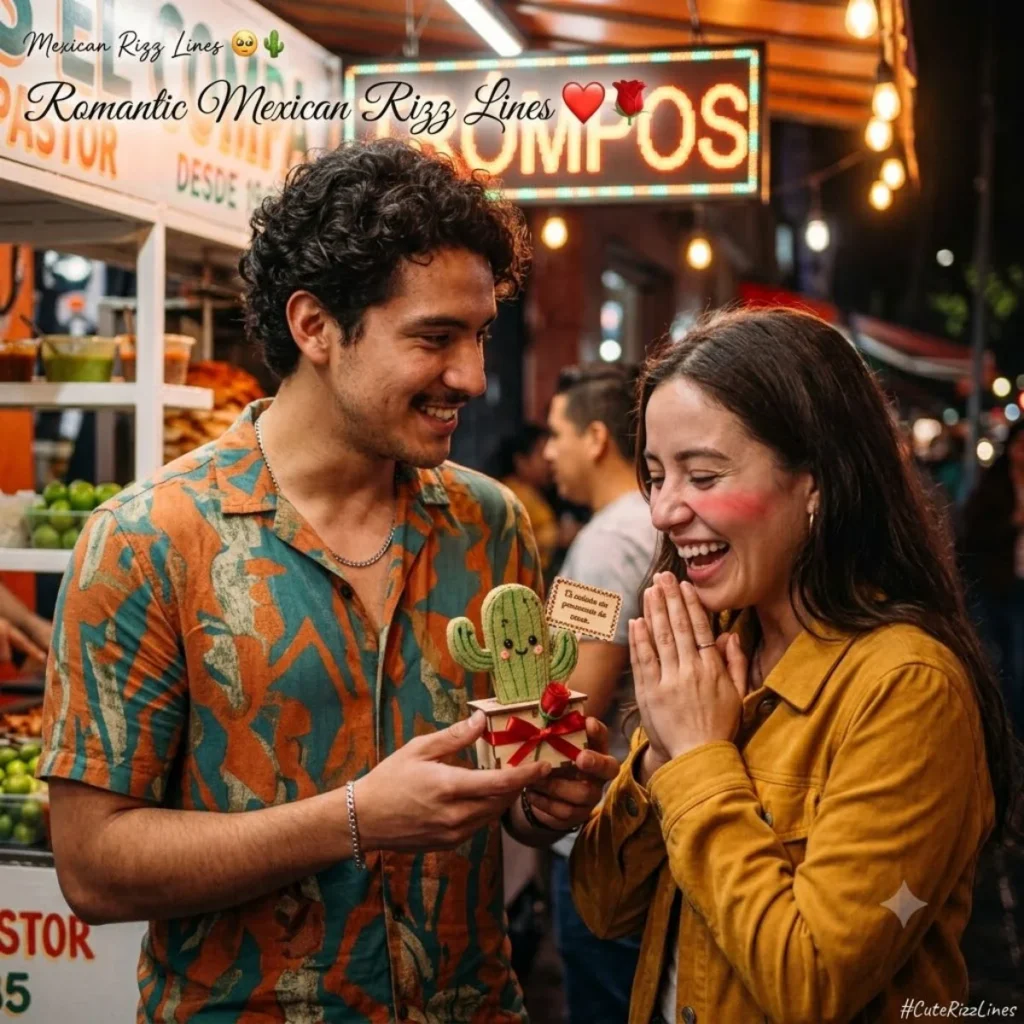 A man gives a small toy cactus with a red rose to a blushing woman outside a Mexican street food market at night.