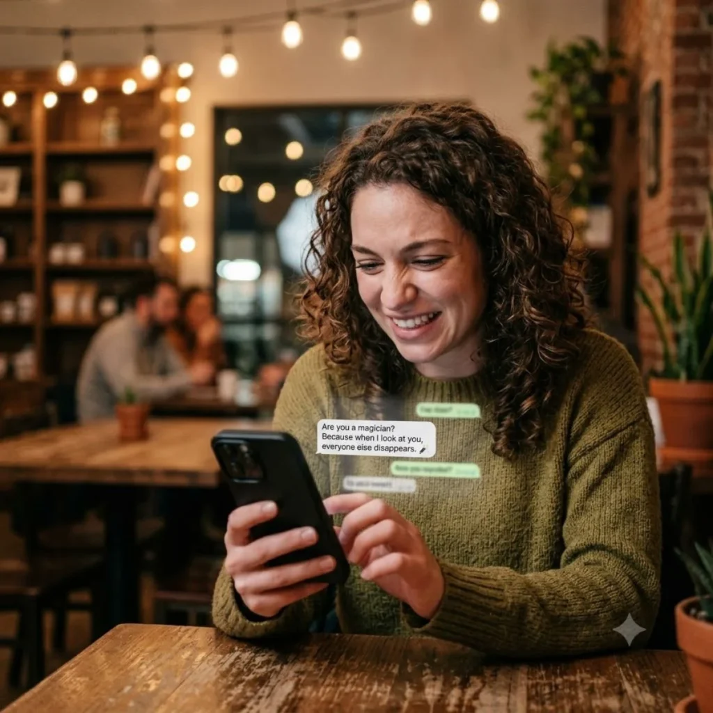 A curly-haired woman smiles and cringes at a cheesy pickup line text message on her phone in a cozy cafe.