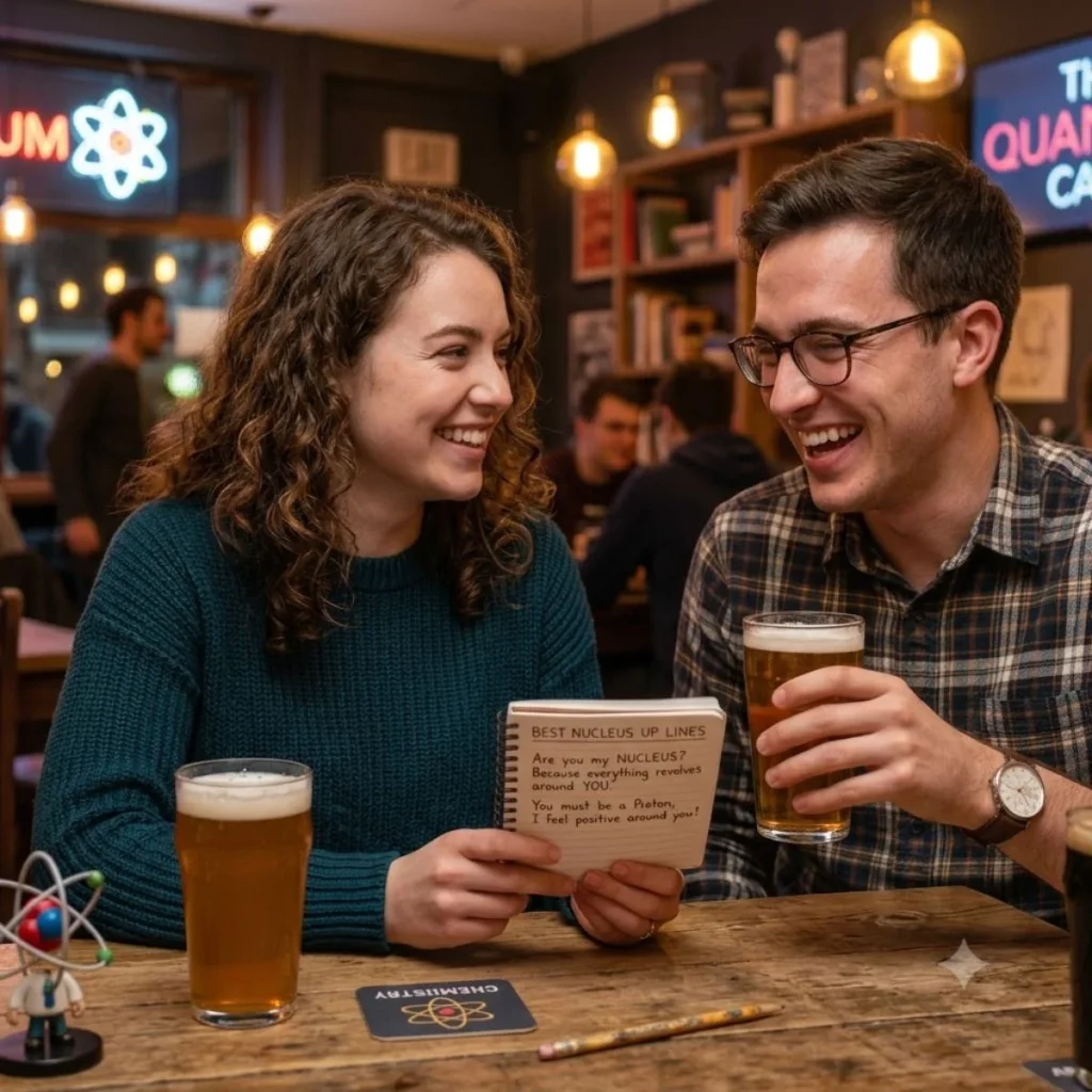 A smiling couple sharing nerdy nucleus pickup lines over drinks at a science bar.