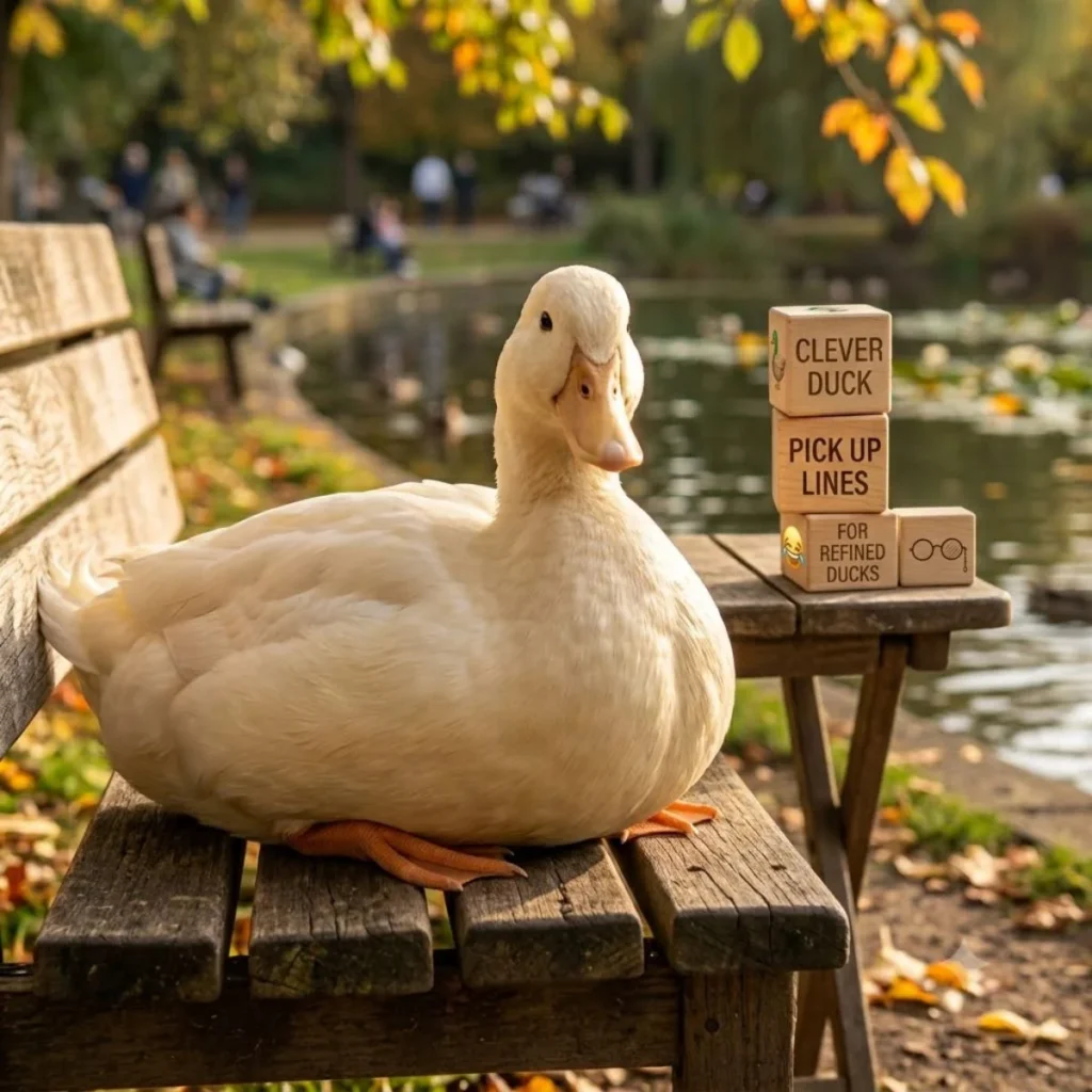 A white duck sits on a bench next to blocks reading Clever Duck Pick Up Lines for Refined Ducks.