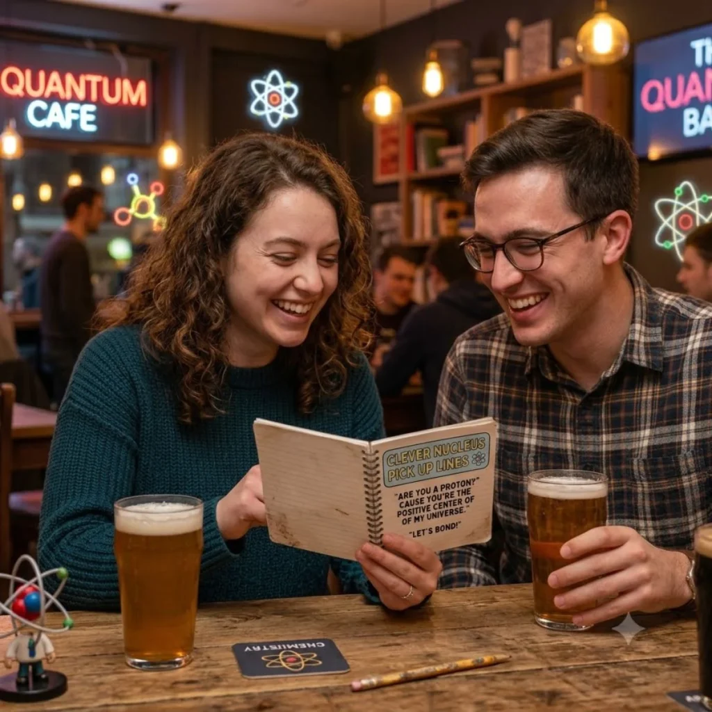 A man and woman smile while reading clever nucleus pickup lines from an open notebook at a science bar.