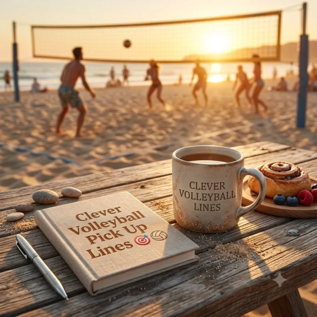 A cozy wooden table on a sandy beach at sunset with a mug, pastry, and a book of pick up lines.