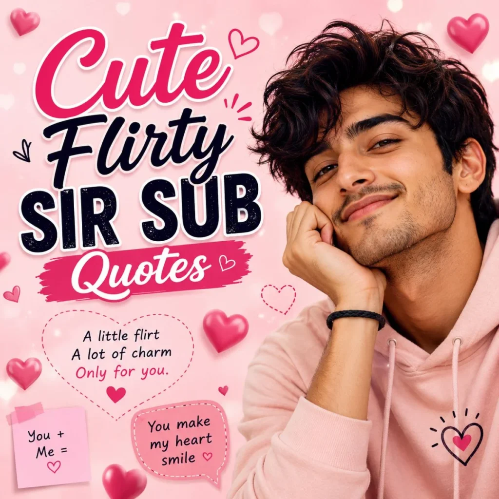 Cute flirty sir sub quotes image with pink hearts, a smiling young man, and a romantic pastel background