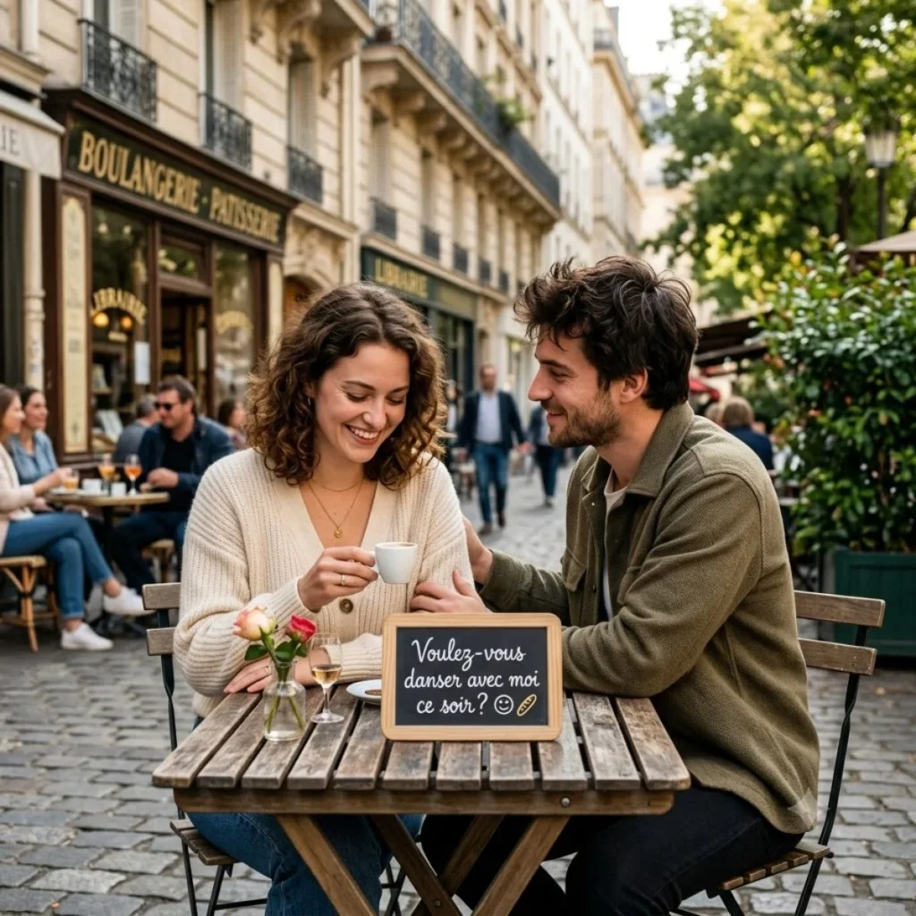 A smiling young couple sharing a sweet moment at a Parisian outdoor cafe table with a chalkboard sign.