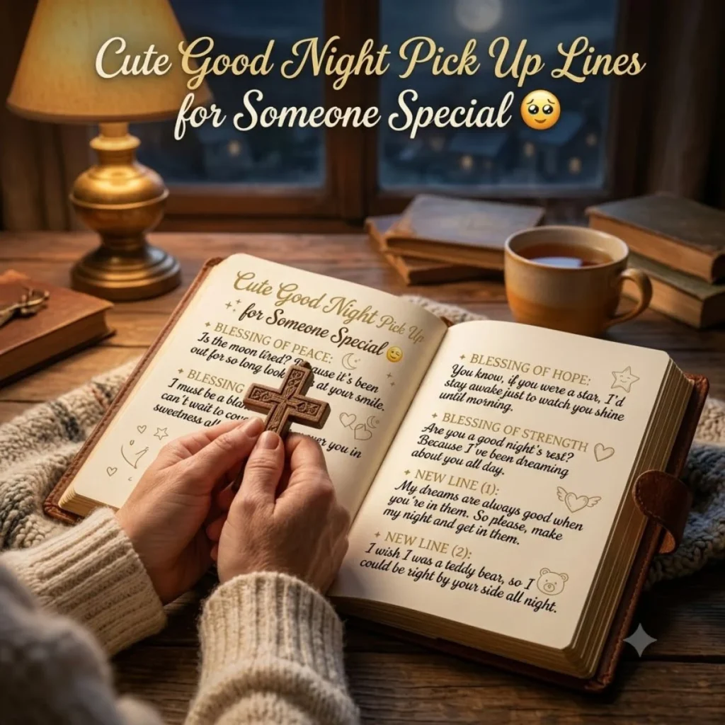 Hands holding a wooden cross over an open book with good night lines on a wooden desk under lamp light.