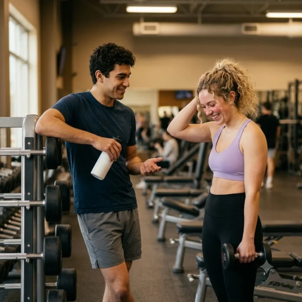 A man talks warmly to a blushing woman holding a dumbbell next to a weight rack in a bright gym.