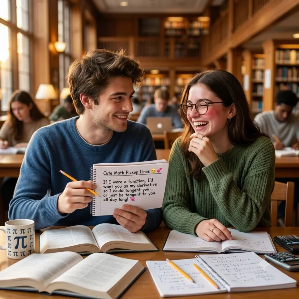 A smiling student showing a cute math pickup line notebook to a laughing girl in a library.