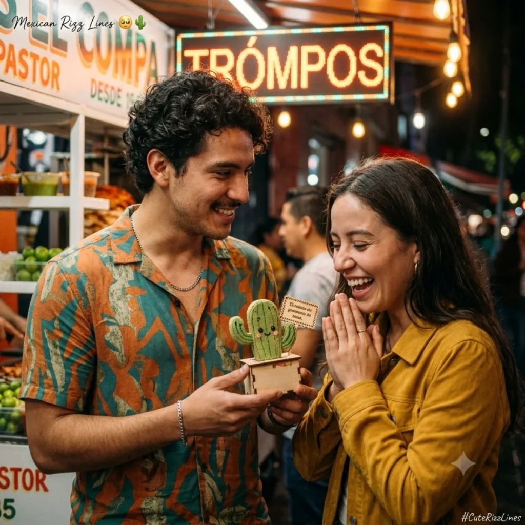 A man gifting a cute toy cactus to a laughing woman at a vibrant night taco stand.