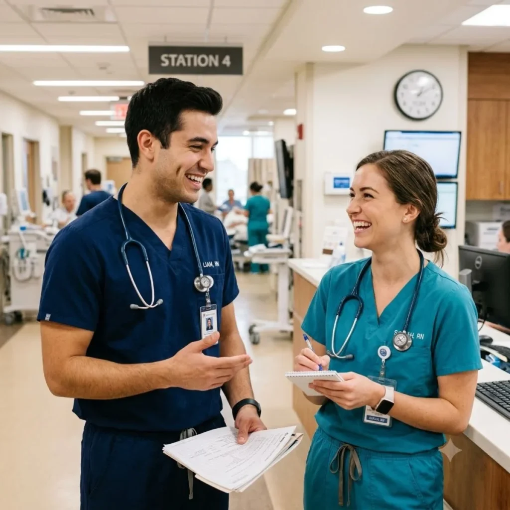 Two happy nurses wearing stethoscopes laughing together at a modern hospital station during a bright shift.