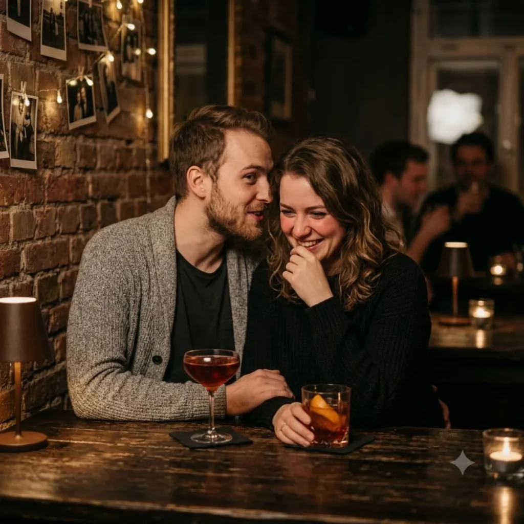 A man whispers a cute pick up line to a smiling woman blushing at a romantic, candlelit bar table.