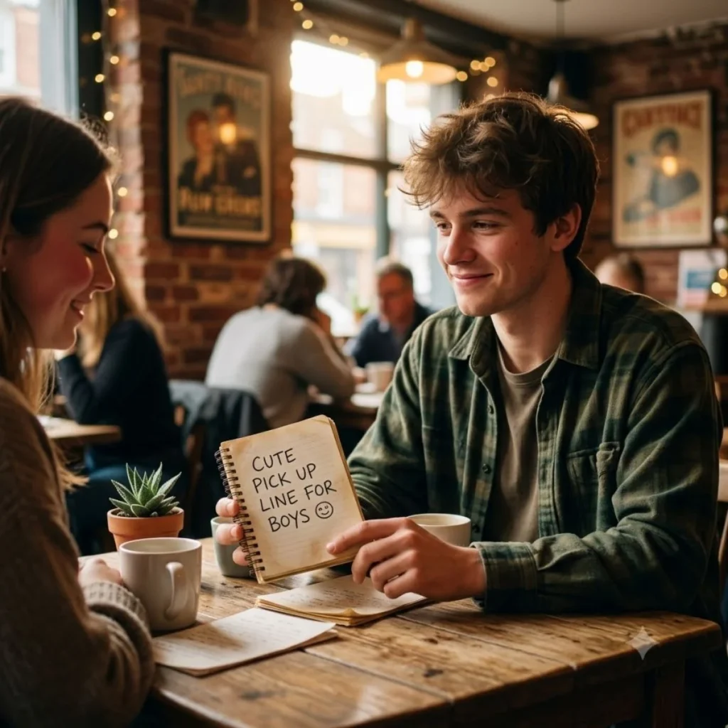 A boy smiling shyly while holding a notepad with cute pick up lines text for a girl in a cafe.