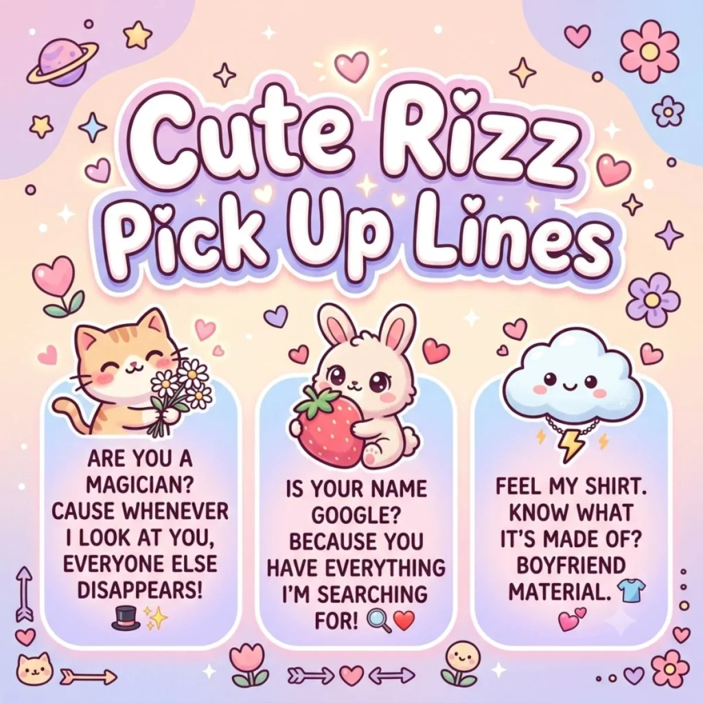 Cute rizz pick up lines pastel illustration with adorable cat bunny and cloud characters.