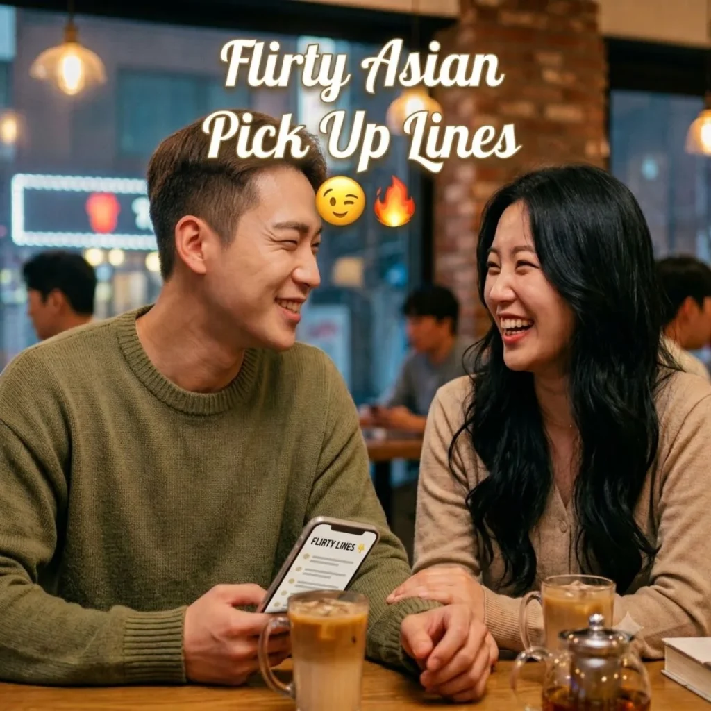 A happy Asian couple smiling and holding hands in a cozy cafe, with "Flirty Asian Pick Up Lines" text overlay and emojis.