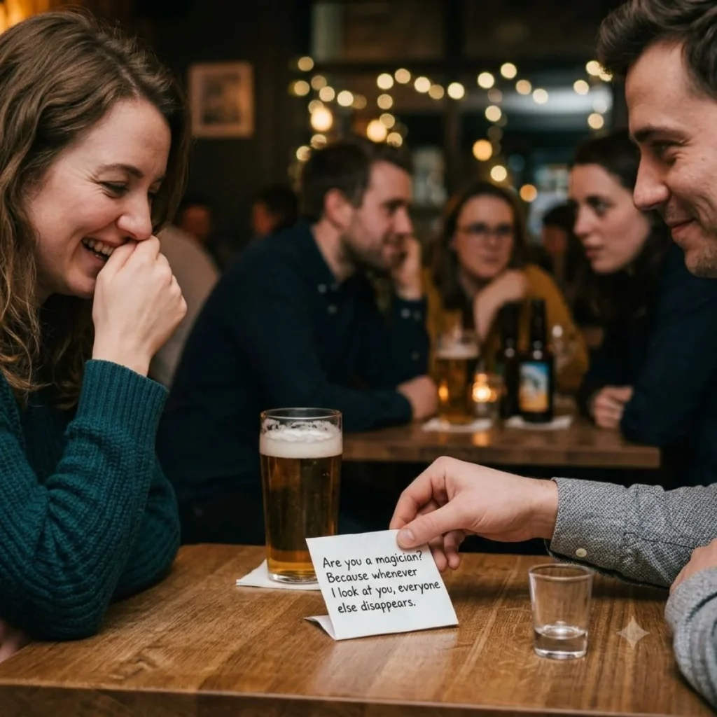 A woman laughing at a flirty magician pick up line written on a paper note held by a man at a pub table.
