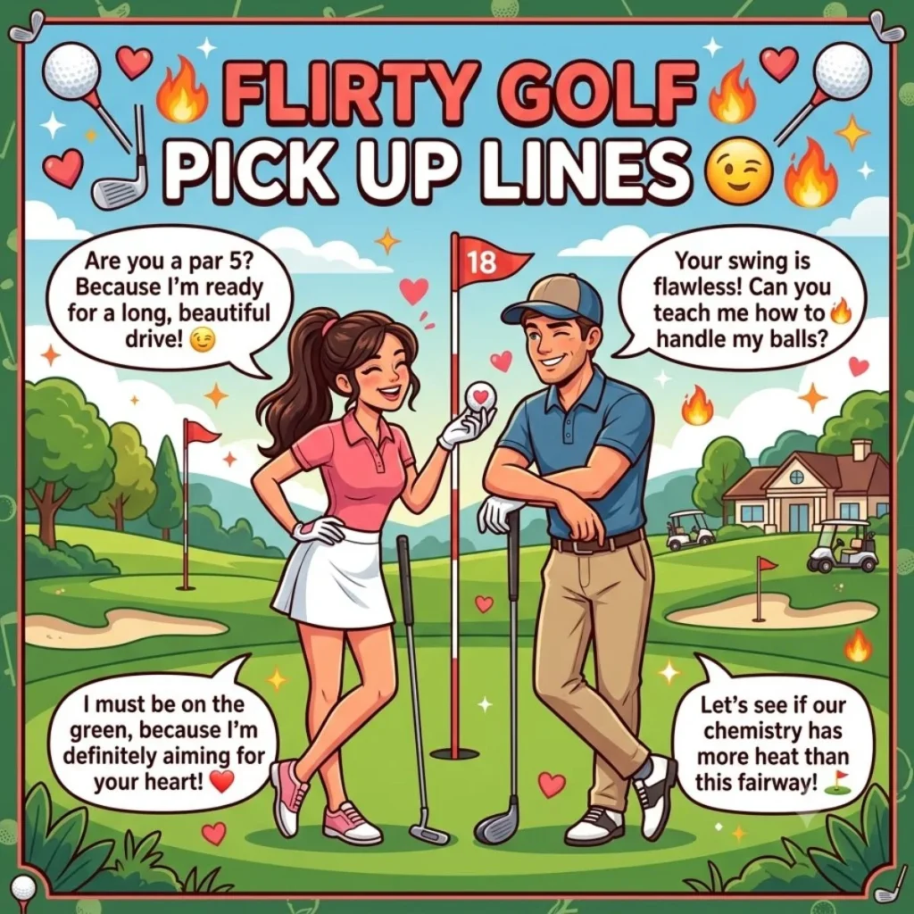 A cartoon graphic listing flirty golf pick-up lines, with a smiling couple on a green.