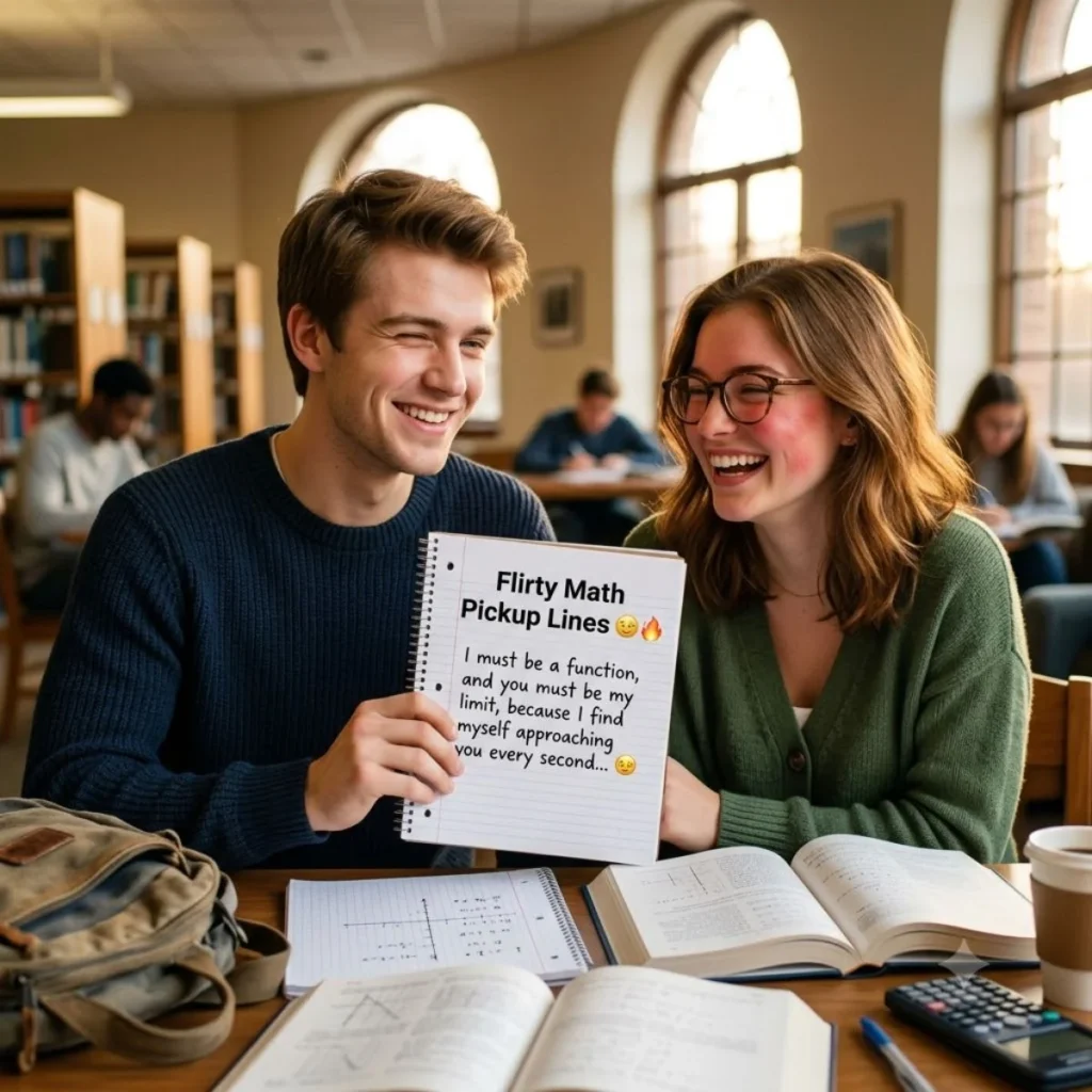 A winking college student shows a flirty math pickup line written in a notebook to a laughing girl.