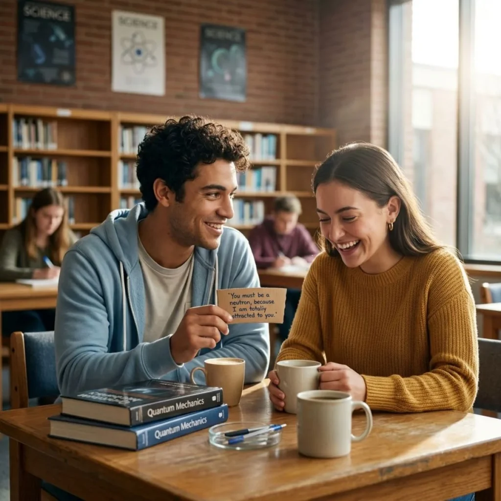 A smiling man shows a funny physics pick up line card to a laughing woman at a library table with coffee mugs.