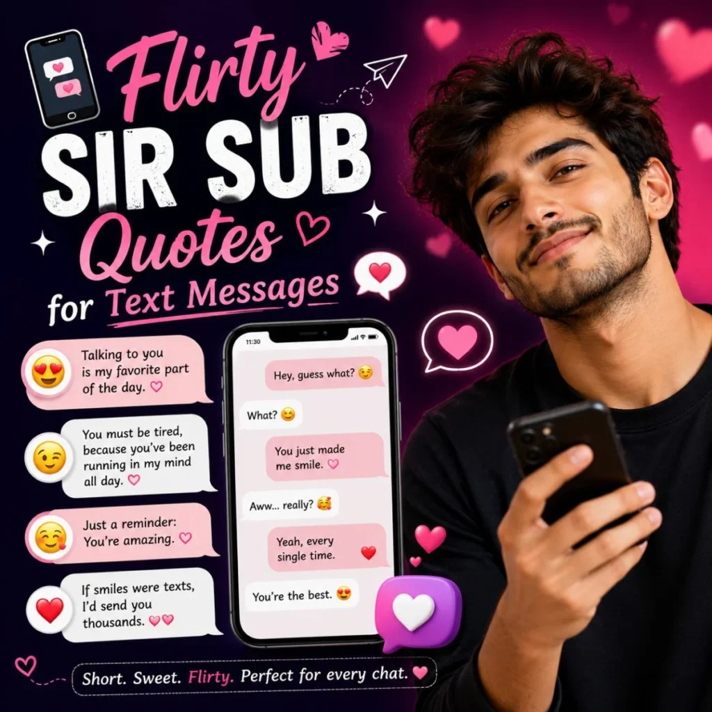 Flirty sir sub quotes for text messages with phone chats, hearts, and a smiling young man