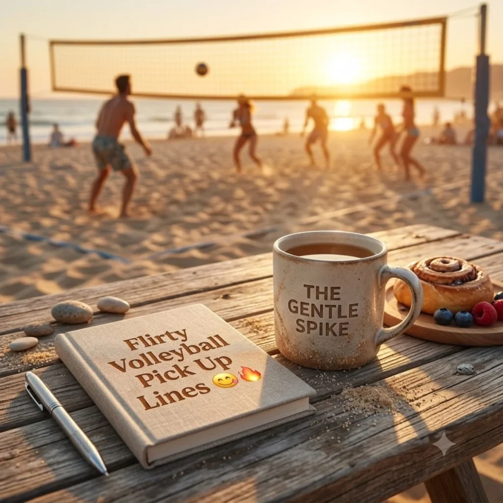 Coffee mug and book on a wooden table at sunset with people playing beach volleyball in the blurred background