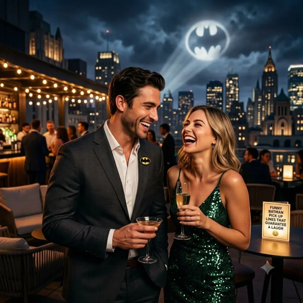 A smiling couple laughing at a rooftop lounge at night with a bat symbol glowing in the sky