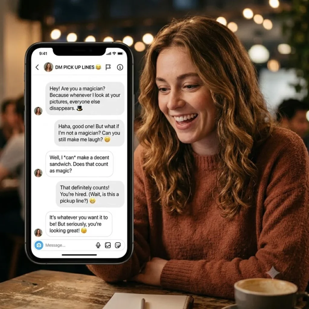 Funny DM pick up lines illustration with smartphone chat bubbles and playful messages for social media conversations