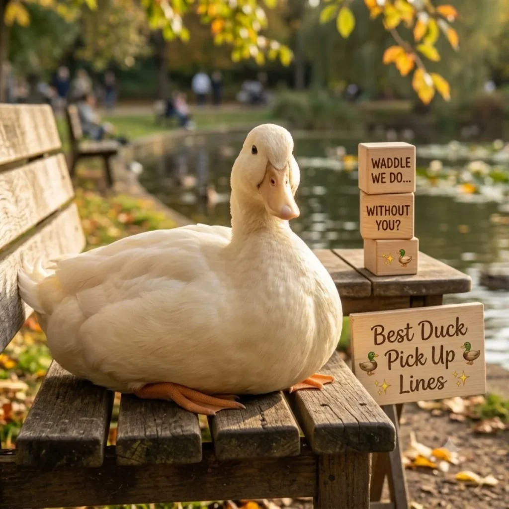 A fluffy white duck sitting on a rustic park bench next to a coffee mug that reads Simply Quacking.