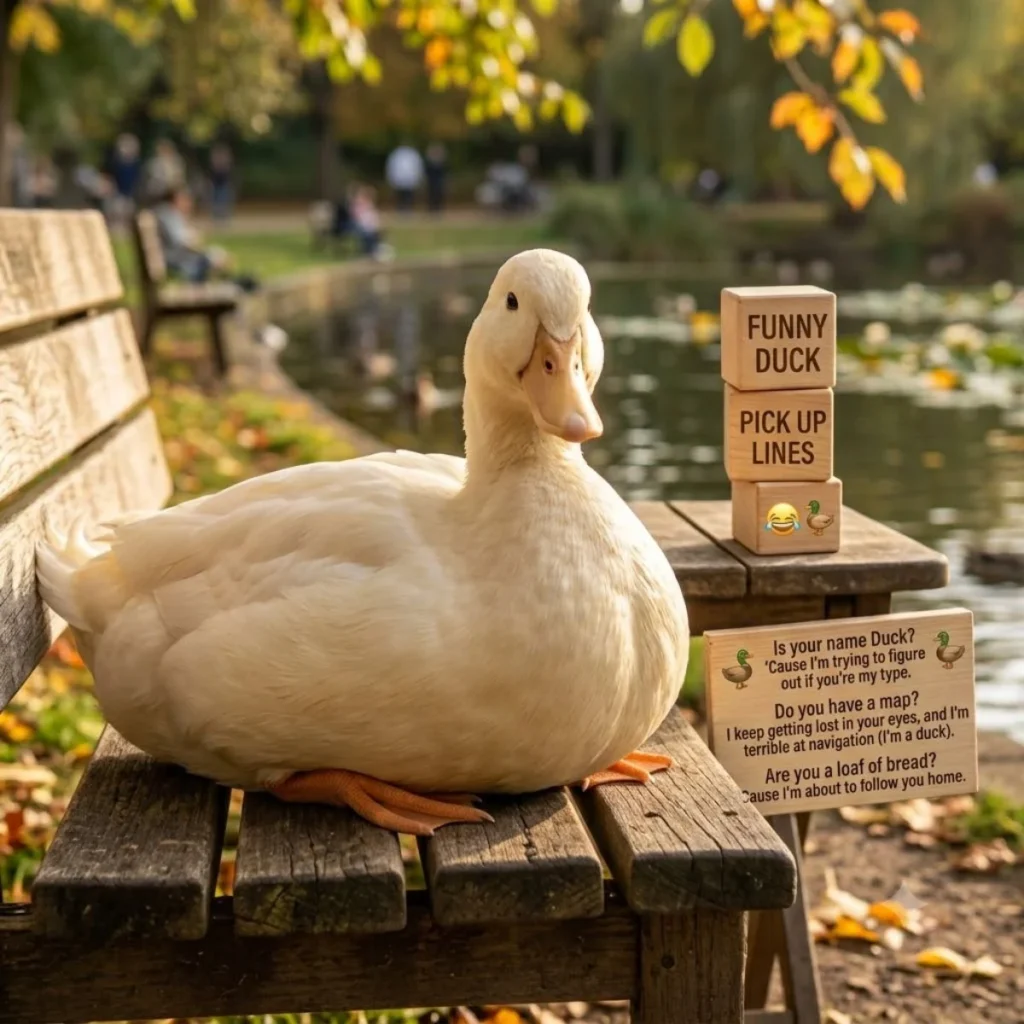 A large white duck on a bench next to blocks reading Funny Duck Pick Up Lines and a sign with jokes.