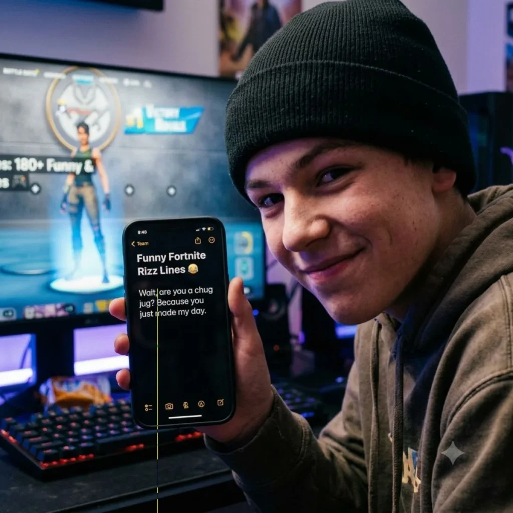 A gamer showing funny Fortnite rizz lines on a smartphone screen in a gaming room.