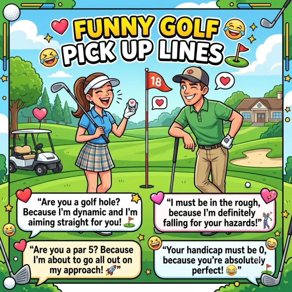 A cartoon style illustration about funny golf pick-up lines, with a smiling male and female golfer on a green.