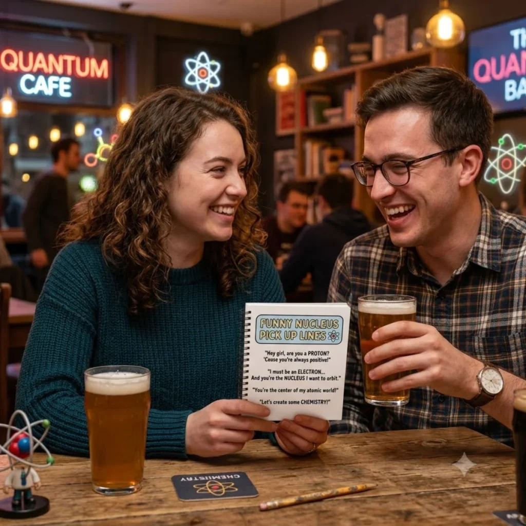 A man and woman laugh at a table while reading funny nucleus pickup lines from a notebook.