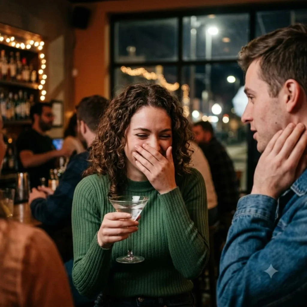 A curly-haired woman giggles into her hand holding a martini as a man in a denim jacket talks to her at a bar.