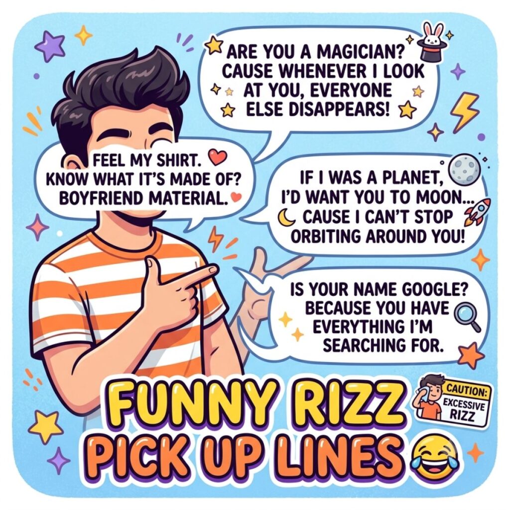 Funny rizz pick up lines cartoon illustration with witty text bubbles and playful character.