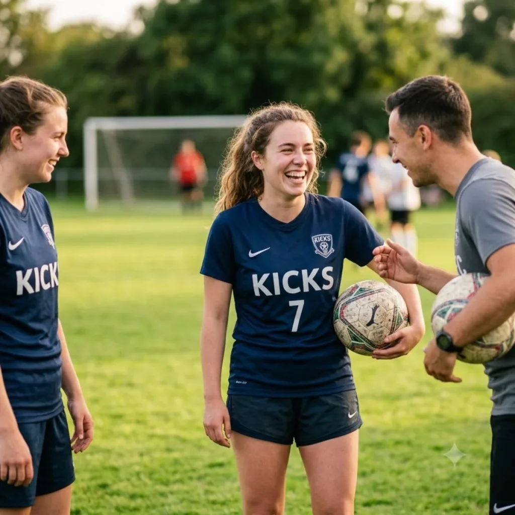 Three soccer players laughing together on a sunny green pitch while holding soccer balls.