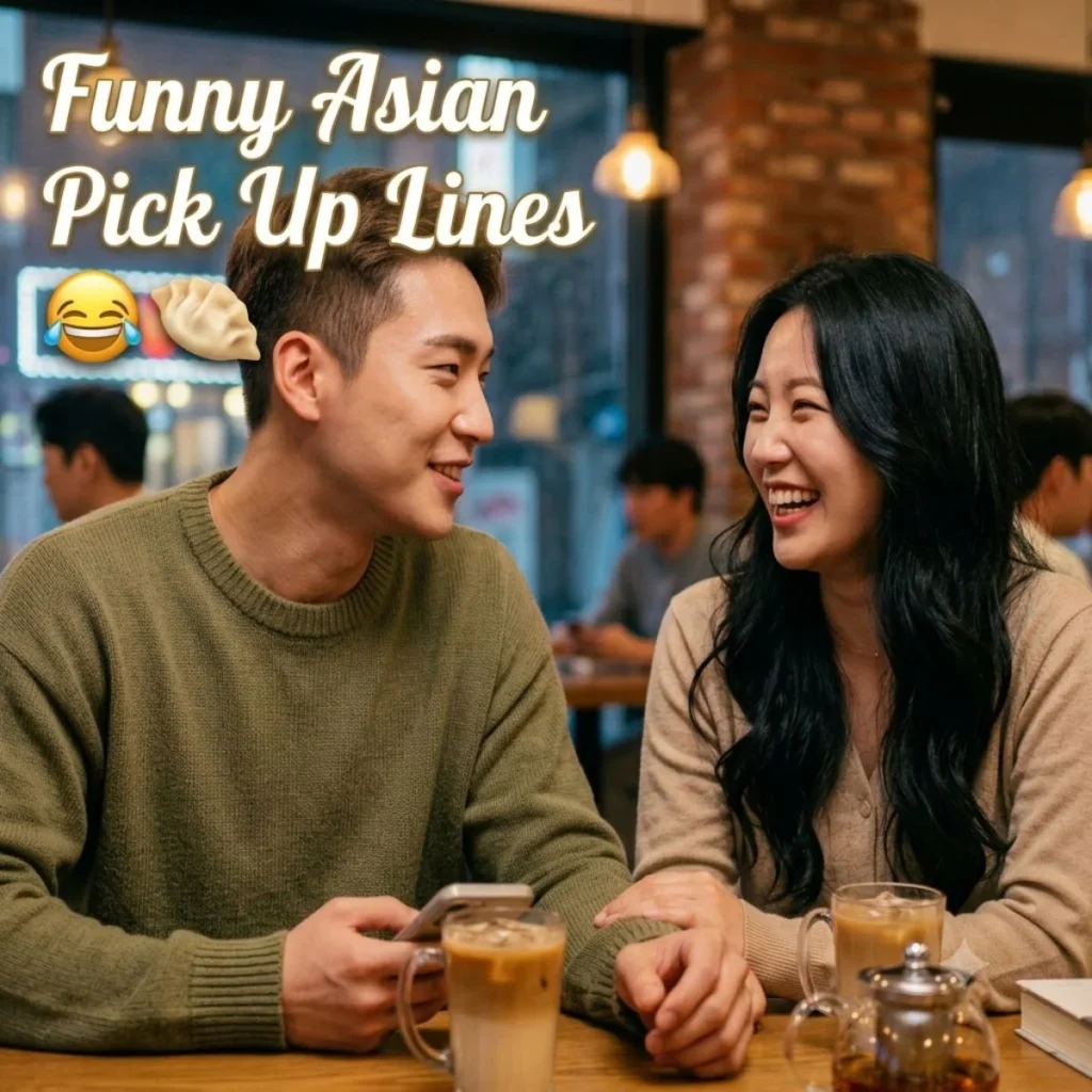 A happy East Asian couple laughing and holding hands at a cozy cafe table, featuring blog text and food emojis.