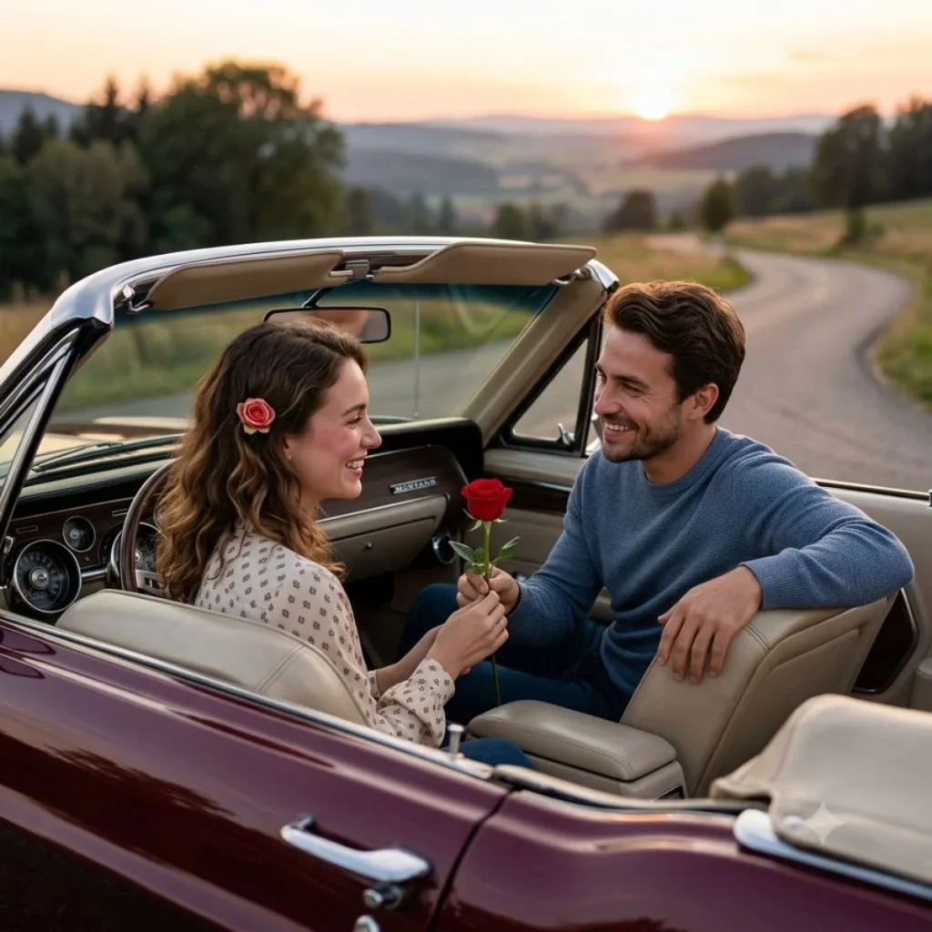 A smiling man giving a red rose to a woman sitting inside a classic convertible car at sunset along a winding country road