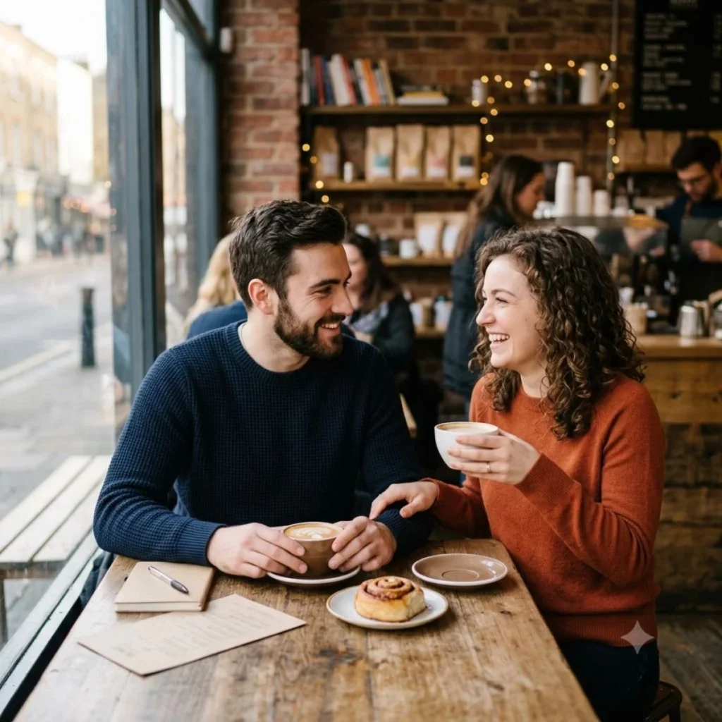 A man and a laughing woman sharing a genuine romantic moment over coffee at a rustic window table in a cozy cafe.