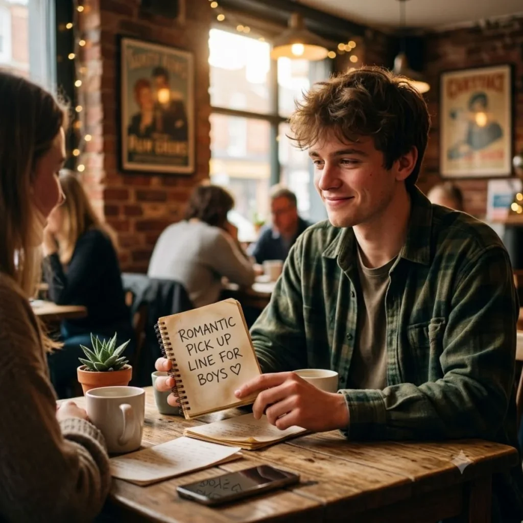 A man smiling lovingly while showing a notebook with romantic pick up lines text to a woman in a cafe.