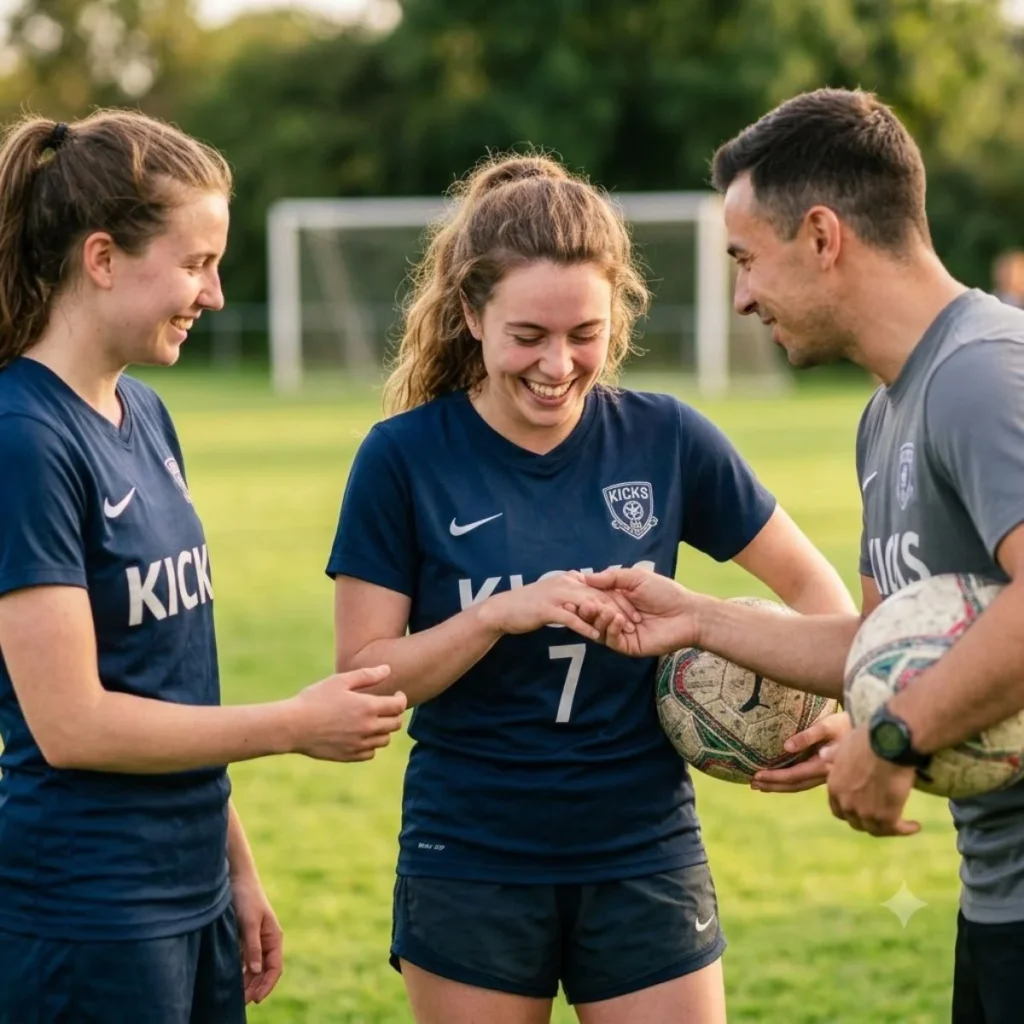 A man holding soccer balls playfully holding hands with a smiling female soccer player on a green field