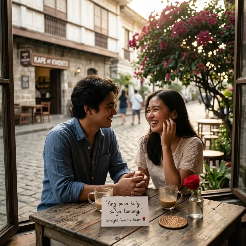 A couple holds hands at a table, smiling with a love note that reads βAng puso koβy saβyo lamang,β straight from the heart.
