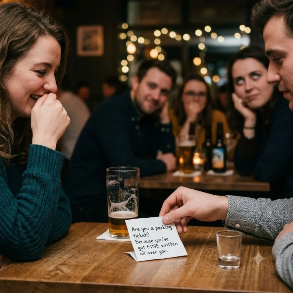 A woman laughing at a short cringy pick up line written on a small paper note at a crowded pub table.