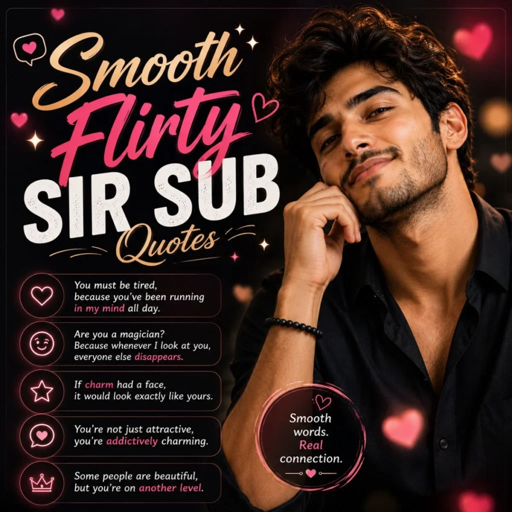Smooth flirty sir sub quotes image with a charming young man, glowing hearts, and a stylish romantic design