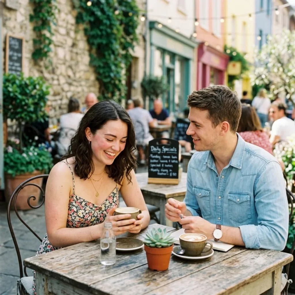 A smiling young woman sitting with a man at a sunny outdoor cafe table drinking coffee.