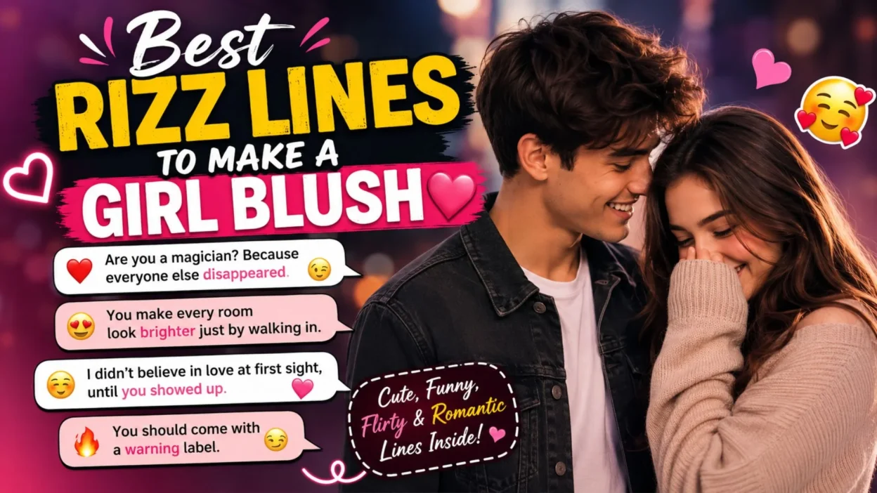 Best rizz lines to make a girl blush with cute couple, hearts, and romantic pickup line bubbles