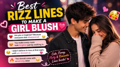 Best rizz lines to make a girl blush with cute couple, hearts, and romantic pickup line bubbles