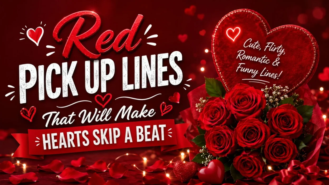 Red pick up lines banner with roses, hearts, and romantic Valentine theme