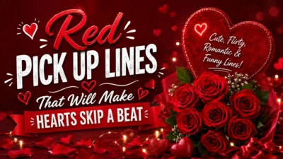 Red pick up lines banner with roses, hearts, and romantic Valentine theme